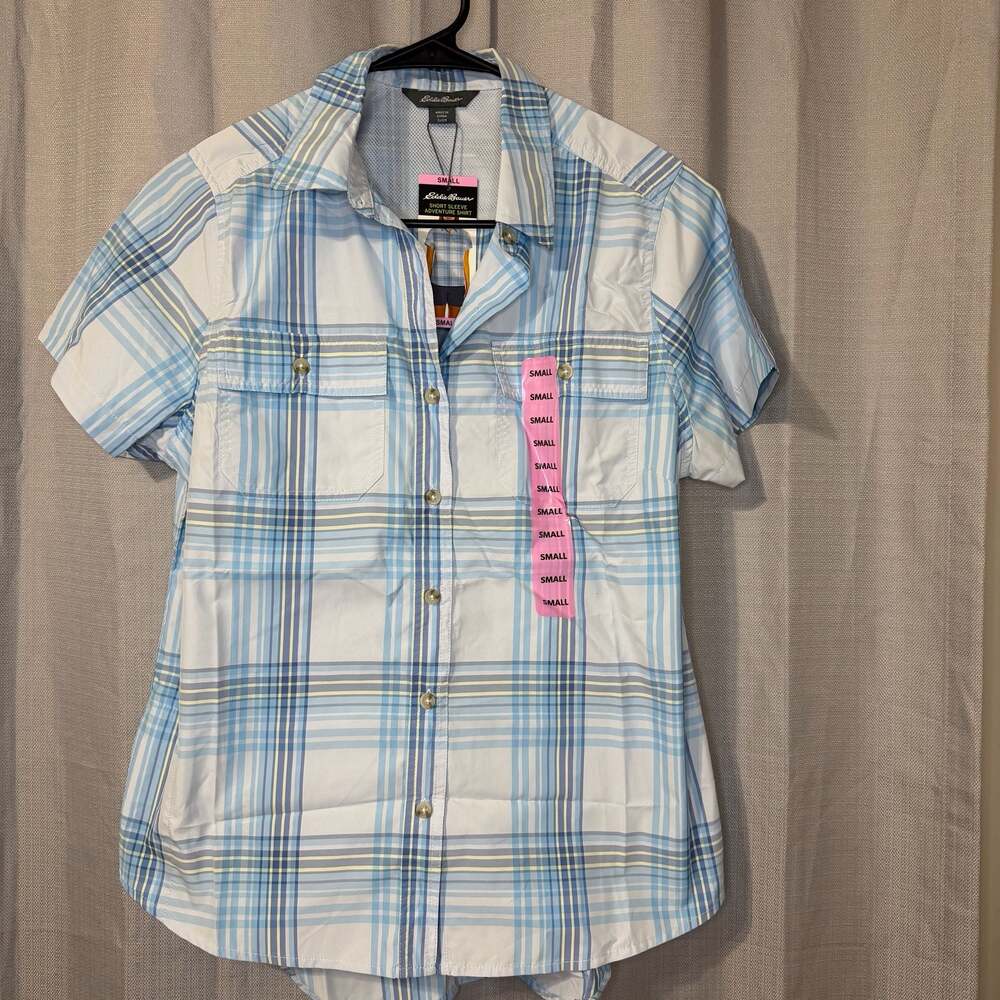 Eddie Bauer Women's Short Sleeve Adventure Shirt Ancient Water Starling Plaid